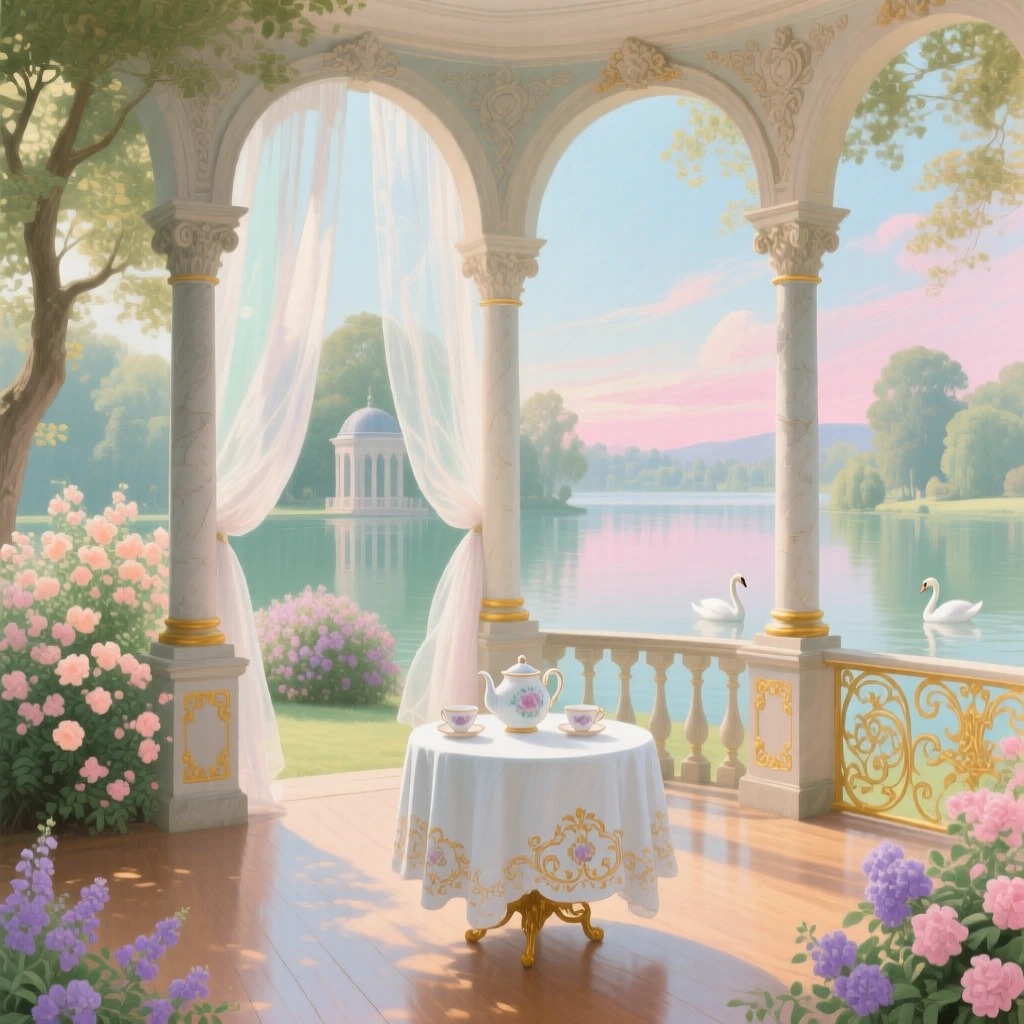 A lakeside summer pavilion with open arches and curtains moving in the breeze  