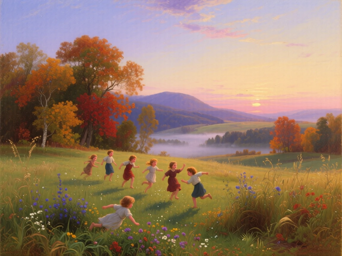 Children fall softly over a summer meadow at twilight as autumn settles over the land.