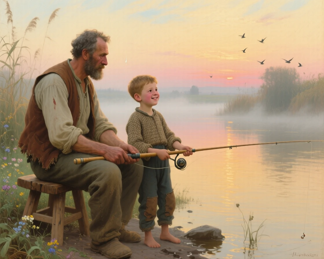 A father and son fishing together in comfortable silence at sunrise, as a single tear or smile reveals the depth of feeling, telling a complete story through a single powerful expression