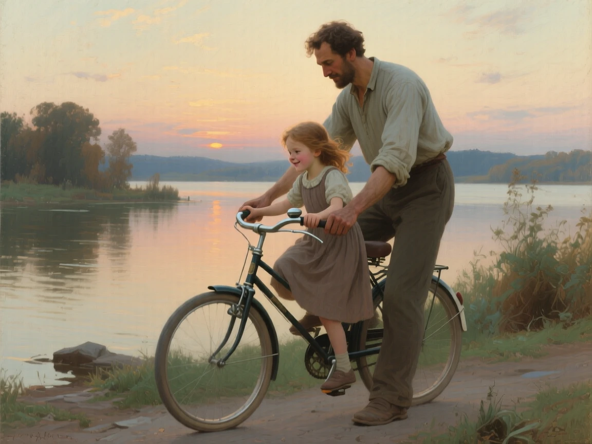A father teaching his daughter to ride her first bicycle as gentle affection passes easily between generations, set beside a lakeshore glowing under a soft evening sky, with worn, familiar surroundings that speak of years shared together; a soft, blurred background keeps the emotional connection in sharp focus, suggesting the enduring bonds between generations.