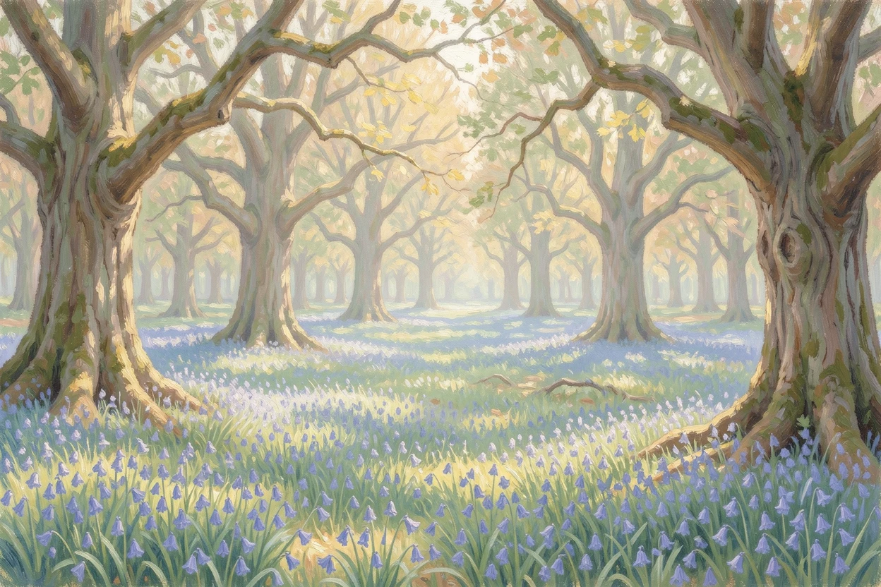 A quiet forest clearing with a carpet of bluebells stretching between ancient oak trees in dappled spring light.