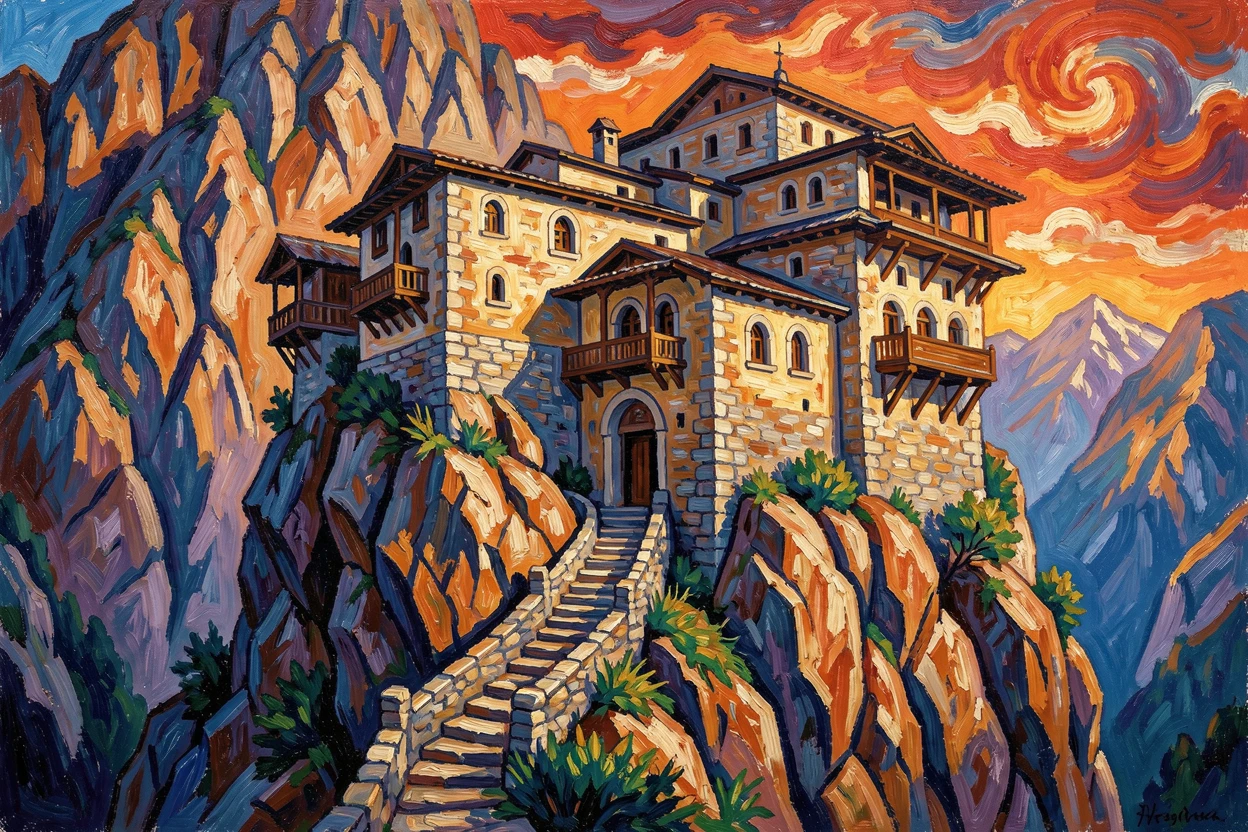 A grand mountain monastery built into a cliffside, accessible only by a narrow stair.