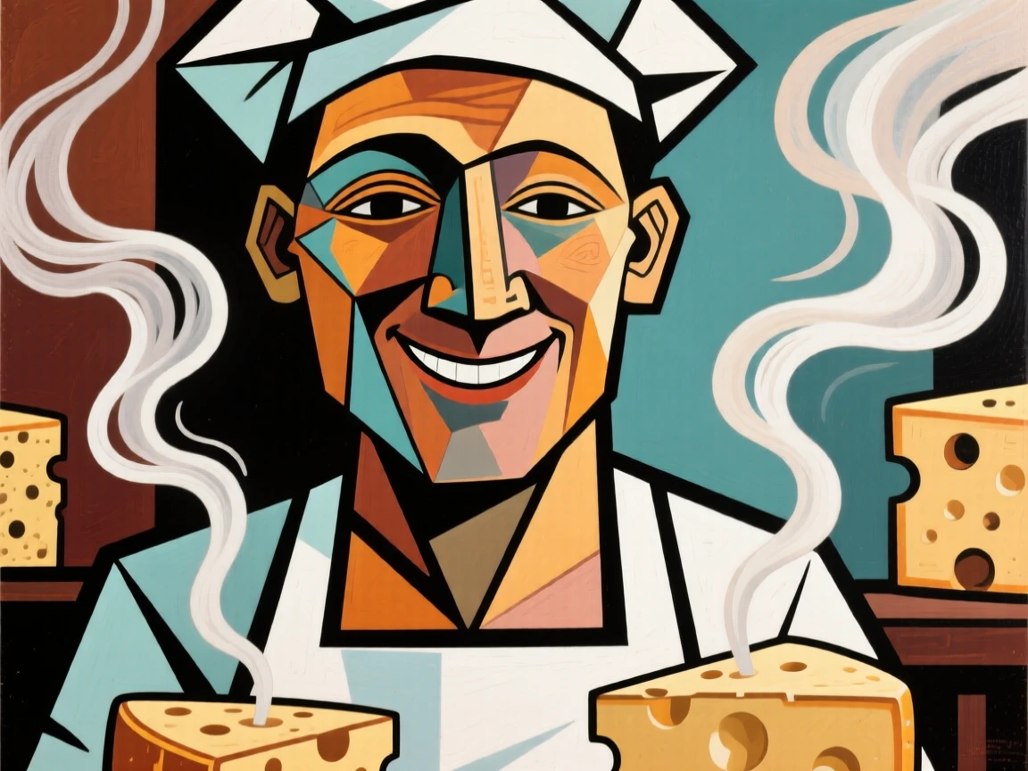 An intimate close-up of a cheese maker smiling gently as steam rises gently around them.