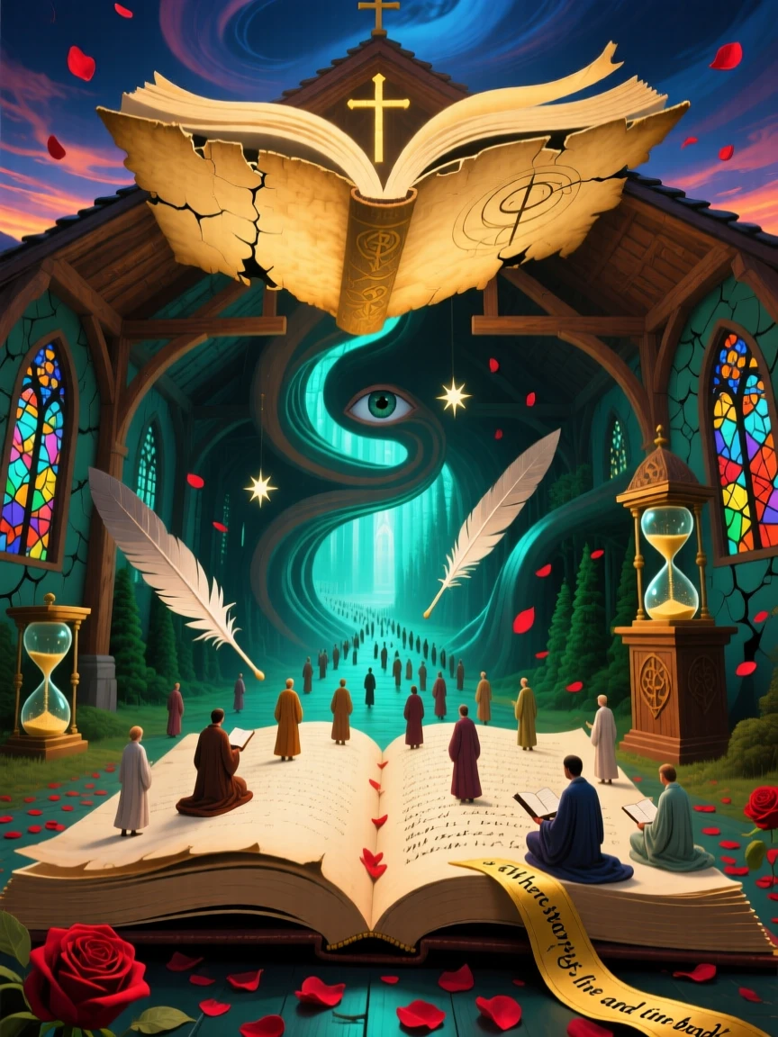 A chapel whose roof is an open book stretches farther than the eye can follow, while tiny figures walk along its impossible edges.