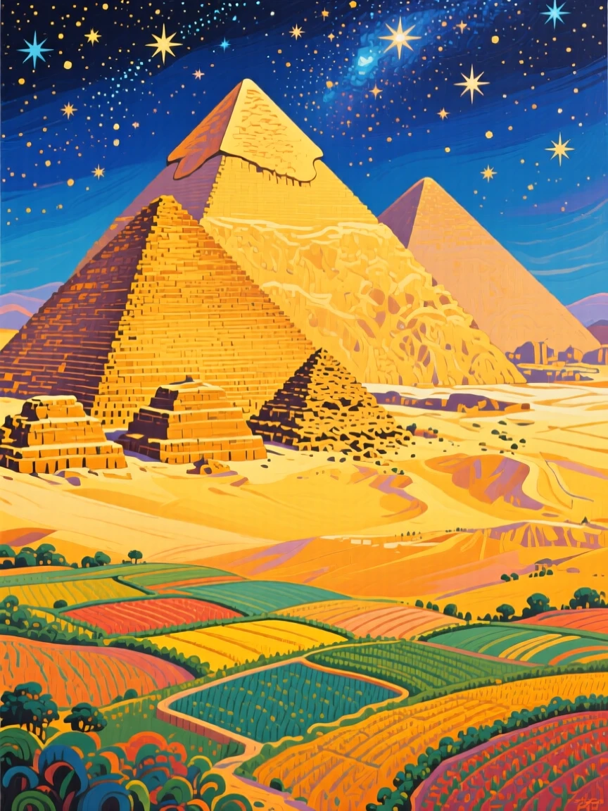 The pyramids of Giza rising from golden desert sand, under a blanket of stars, terraced fields spreading out below