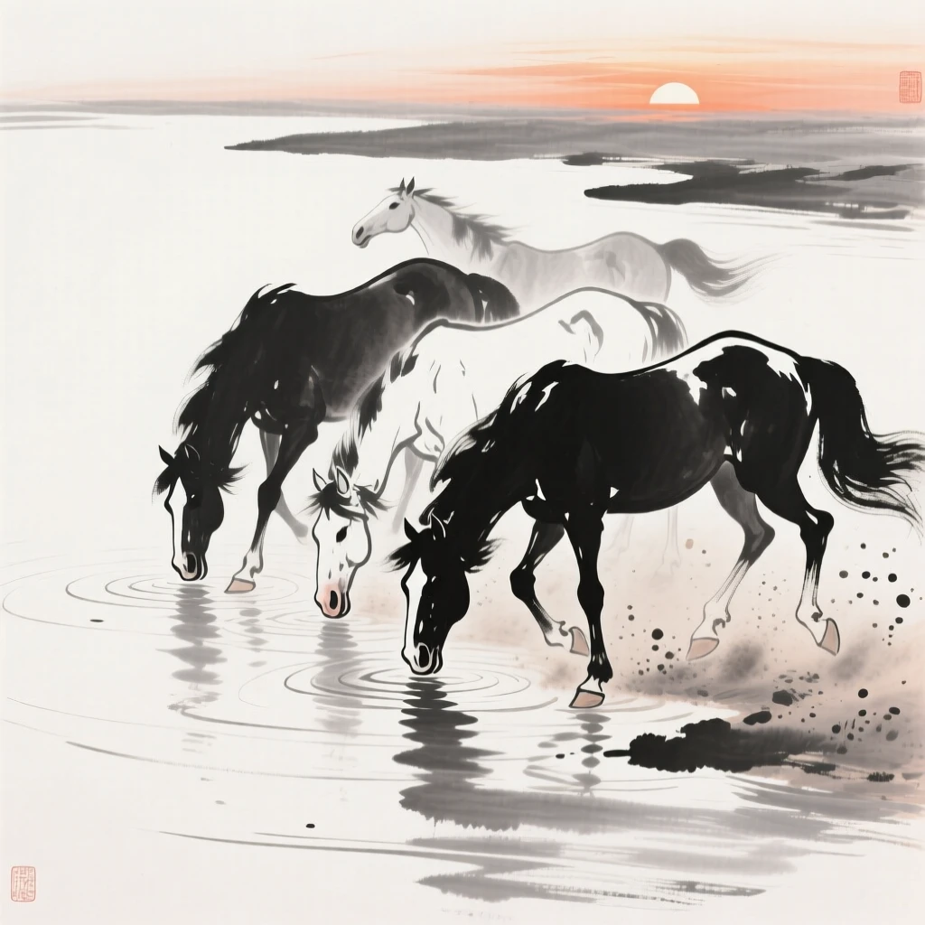 A group of horses drinks from a river at sunset, as dust rises around their hooves.