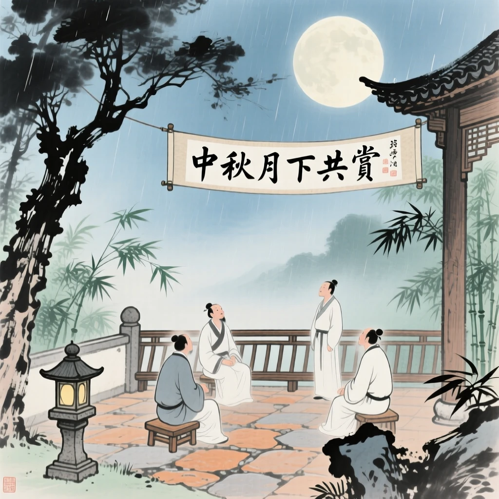A moon viewing gathering on a garden terrace during the mid autumn festival, touched with gentle melancholy, beneath a sky washed clean by rain.