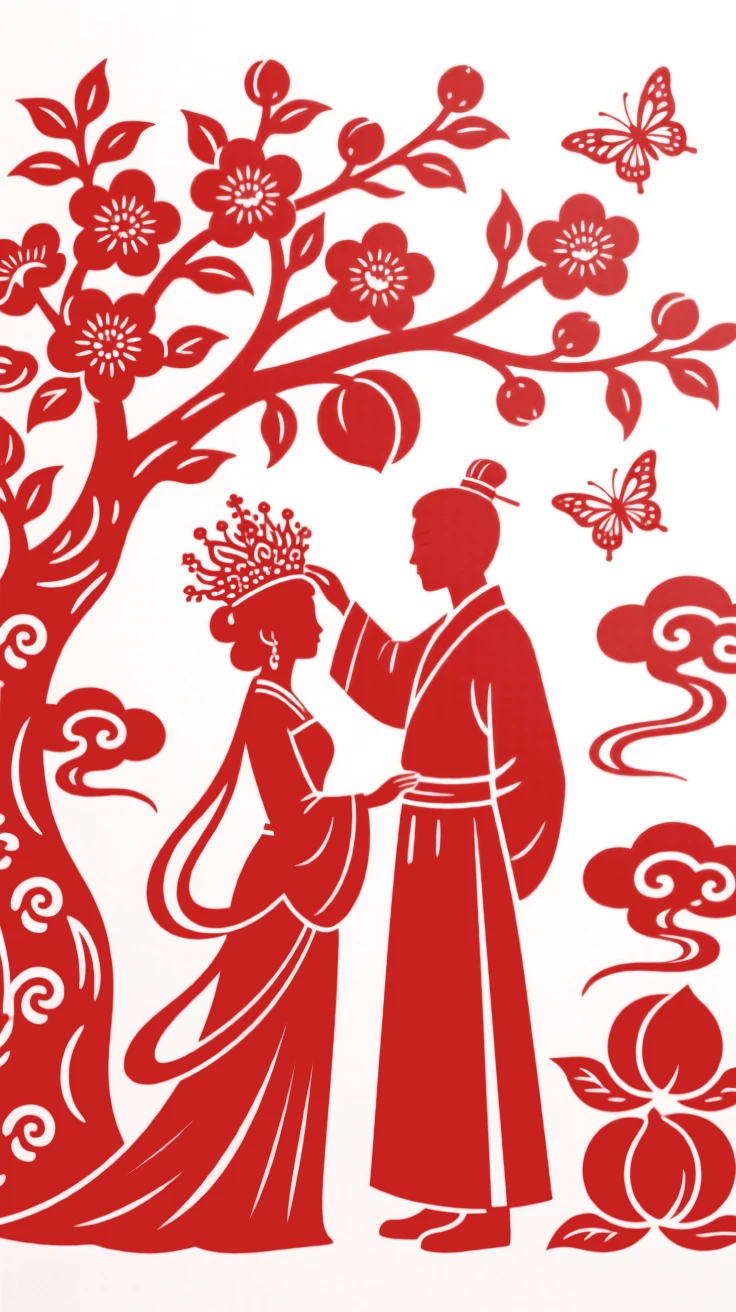 A couple standing beneath a blossoming peach tree, the groom placing a phoenix crown on his bride's head