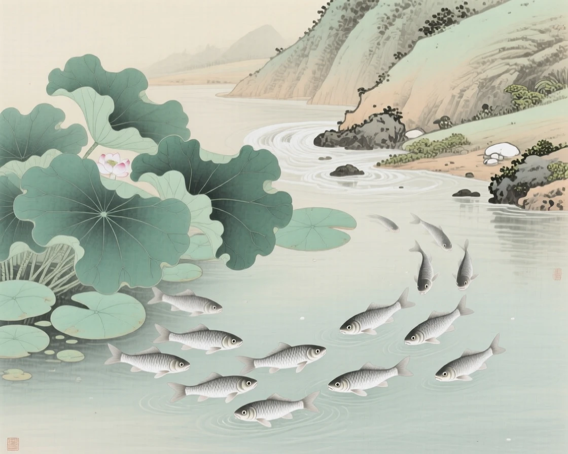A school of silver fish beneath lily pads near the mouth of a quiet mountain stream