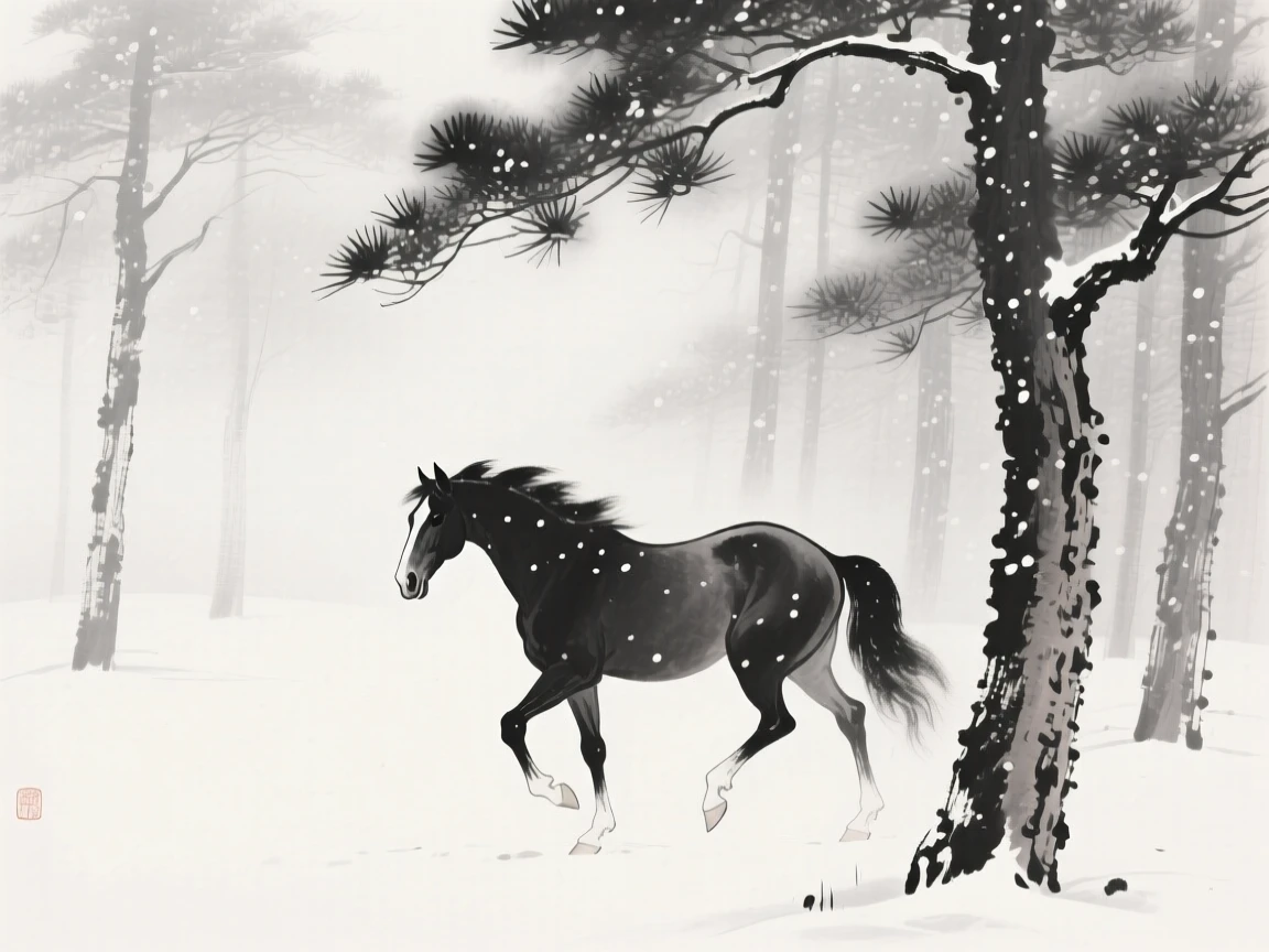 A horse moving silently through falling snow in a misty pine forest, positioned off-center, leaving space for the quiet landscape around it, carrying a sense of quiet dignity and wildness.