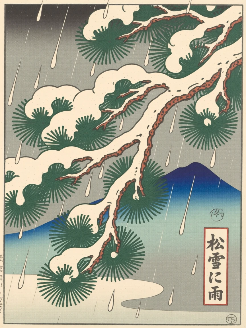 Snow-laden pine branches as gentle rain begins to fall.