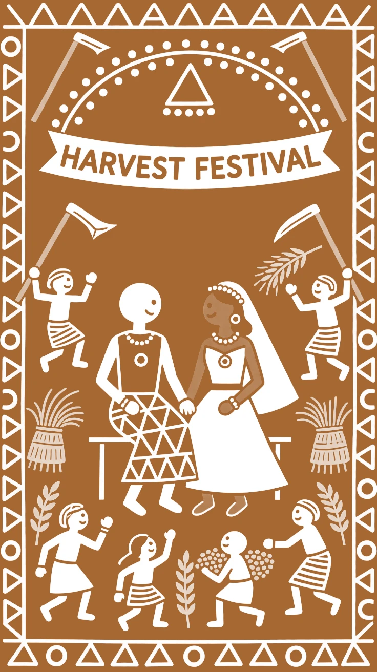 A harvest festival celebrated with a bride and groom seated at the center of the gathering.