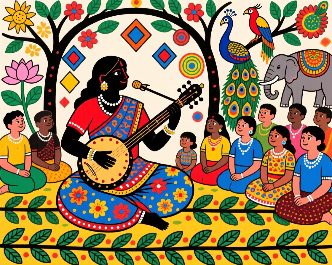 A singer performing folk songs surrounded by an attentive village crowd.