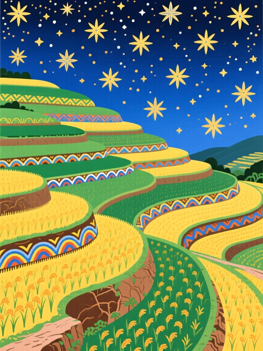 A sweeping view of terraced rice fields climbing a hillside under a canopy of stars.