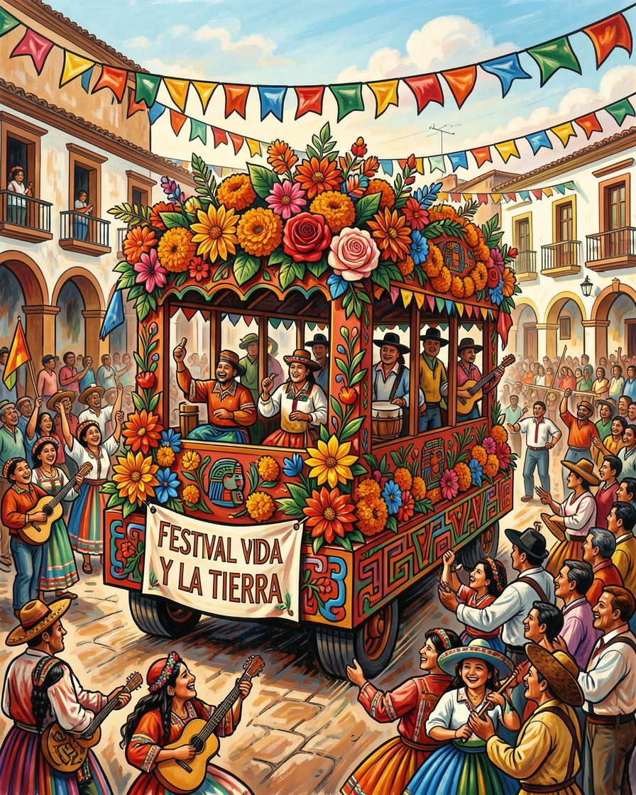 A festival float decorated with flowers moving through a parade