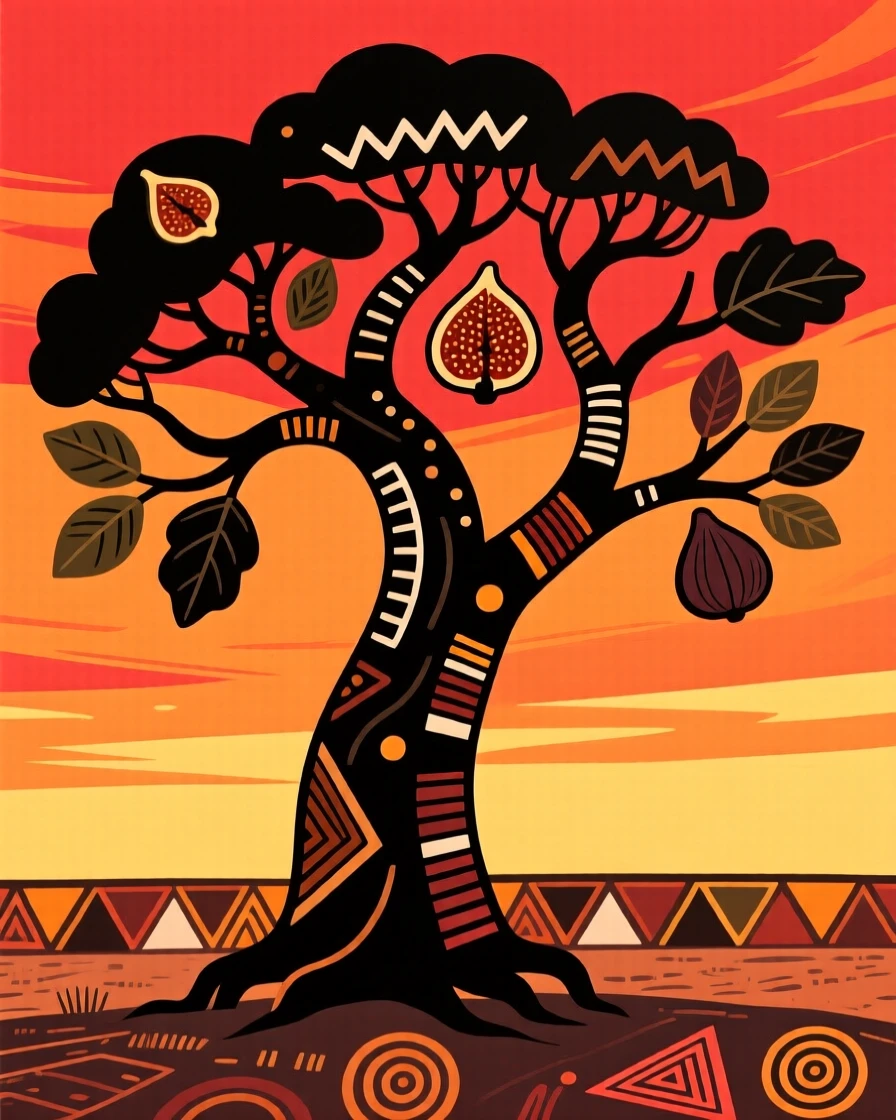 A wild fig tree standing alone against a fiery sunset sky.
