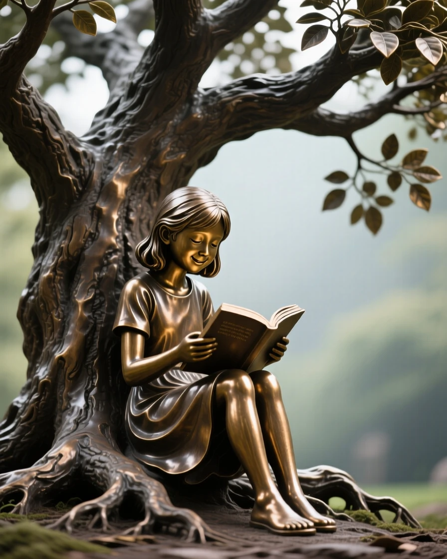 A young girl reading beneath a great tree, in a moment of pure emotion, forming a strong central focal point