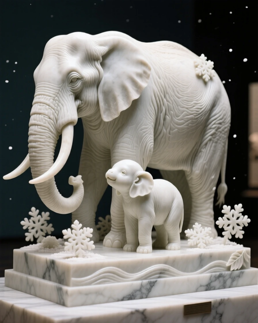 A baby elephant with its mother captured in a powerful, dignified pose surrounded by falling snow