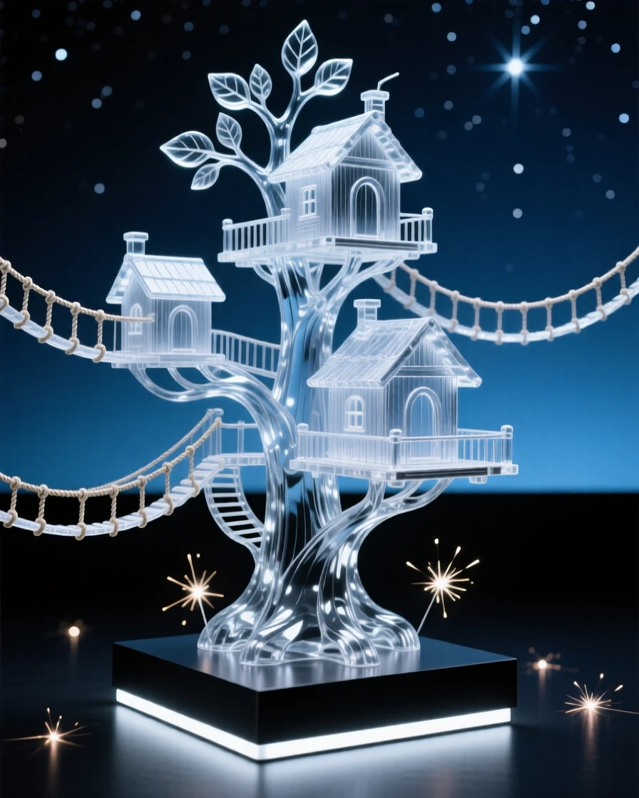 A treehouse village connected by rope bridges under starlight, bathed in soft magical light with drifting sparkles in the air, epic and awe-inspiring composition, evoking wonder and adventure.