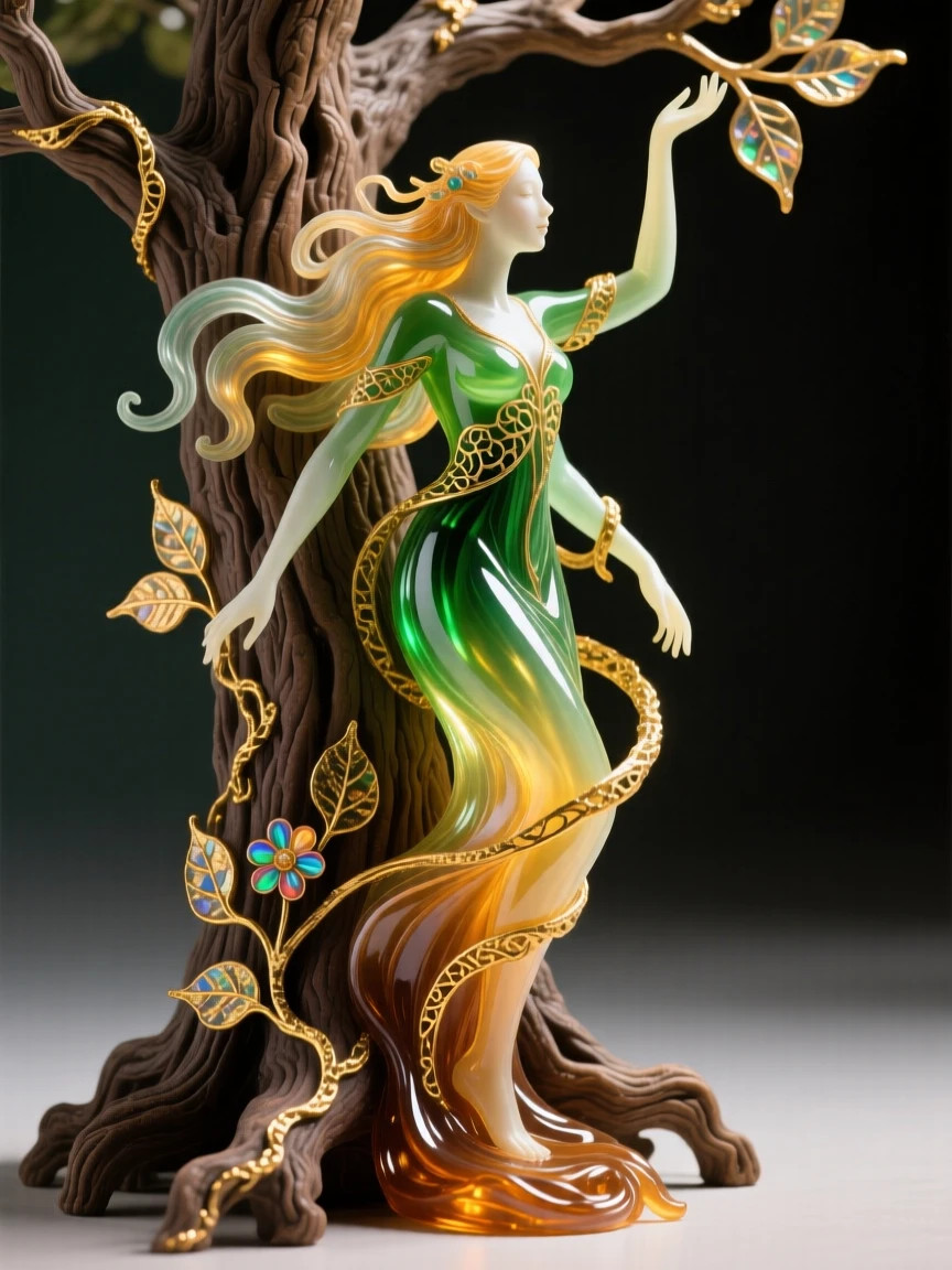 A dryad emerging gracefully from the trunk of an ancient tree, ethereal and rooted.