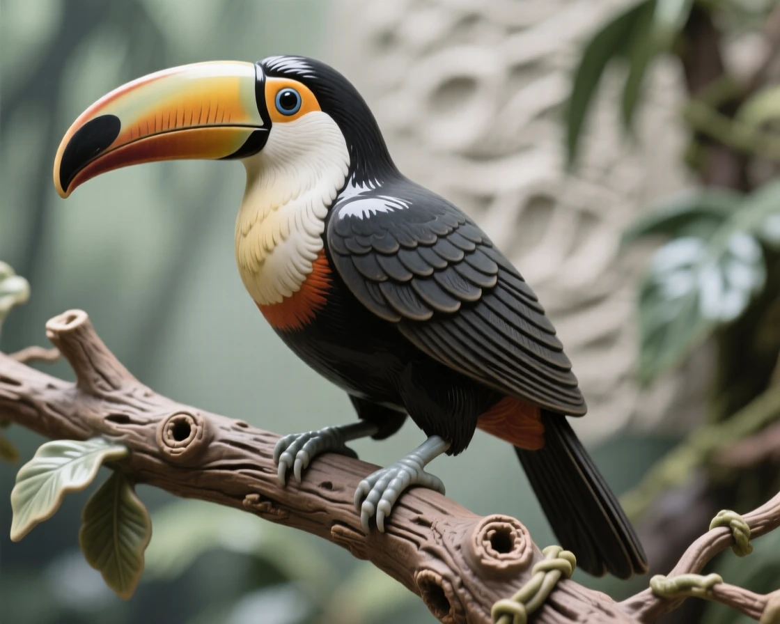 A toucan perched on a jungle branch standing proudly with plumage on full display, outlined against a soft-focus natural backdrop, conveying effortless elegance in motion.