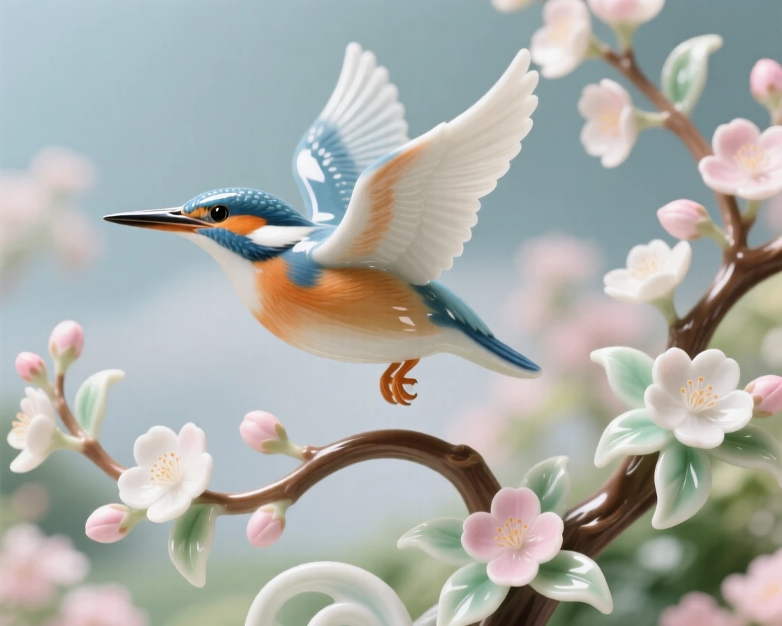 A brilliant kingfisher in a blooming garden, caught mid-flight against a soft sky.