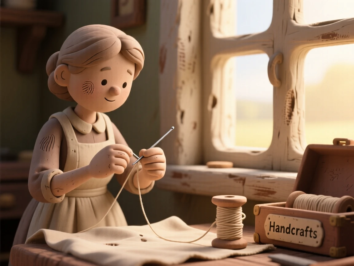 A seamstress threading a needle beside a window full of morning light