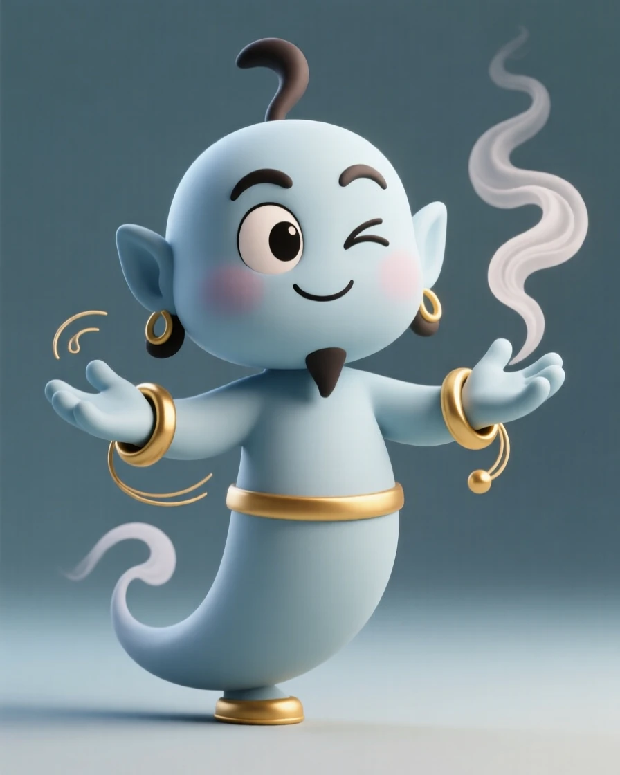 A cunning genie grants three wishes with a wink, golden bangles jingling as smoke swirls around outstretched hands.