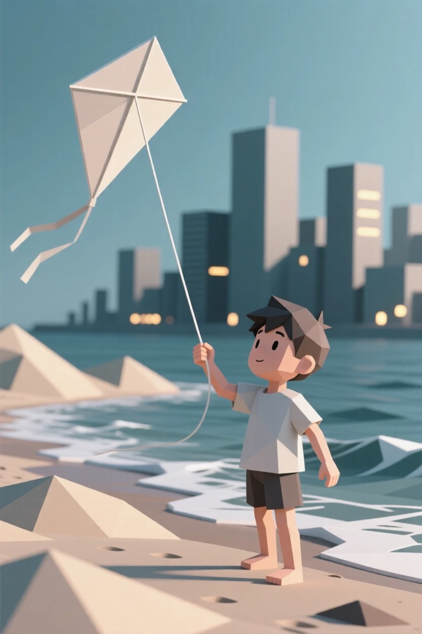 A young boy flying a kite on a windy beach, against a backdrop of city lights. a shallow depth of field keeps focus on the subject's face. The moment feels full of hope and possibility.