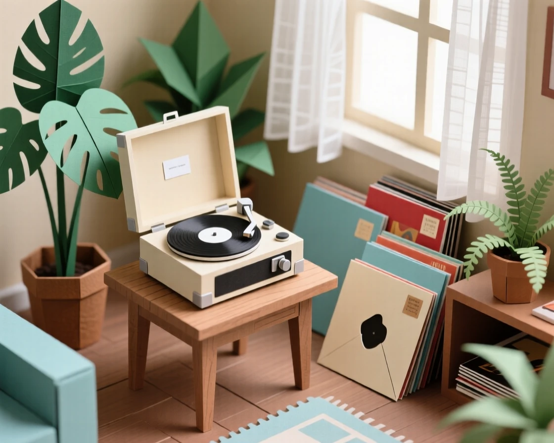 A vintage record player spinning in a cozy room filled with houseplants and stacks of vinyl records, warm afternoon light streaming through sheer curtains, evoking nostalgic relaxation.