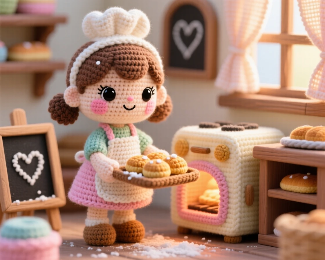 a young baker girl, with rosy cheeks and flour dusted on her apron, pulling a tray of golden loaves from the oven, in a warm village bakery filled with morning light, with a small chalkboard sign with a hand-drawn heart nearby, conveying cheerful industriousness and community spirit.