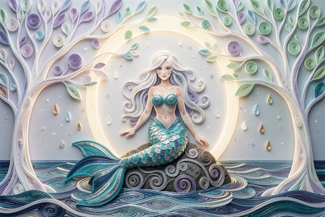 a mermaid perched on a rock beside a moonlit sea, beneath a canopy of glowing luminescent trees, framed with a dreamlike glowing halo of light, with tiny sparkling motes of light drifting through the air.