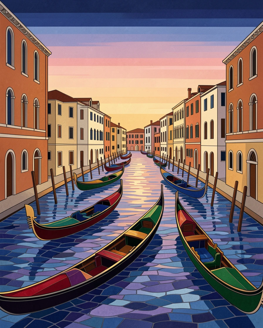 The canals of venice lined with colorful gondolas at dusk, viewed from a dramatic elevated vantage point.