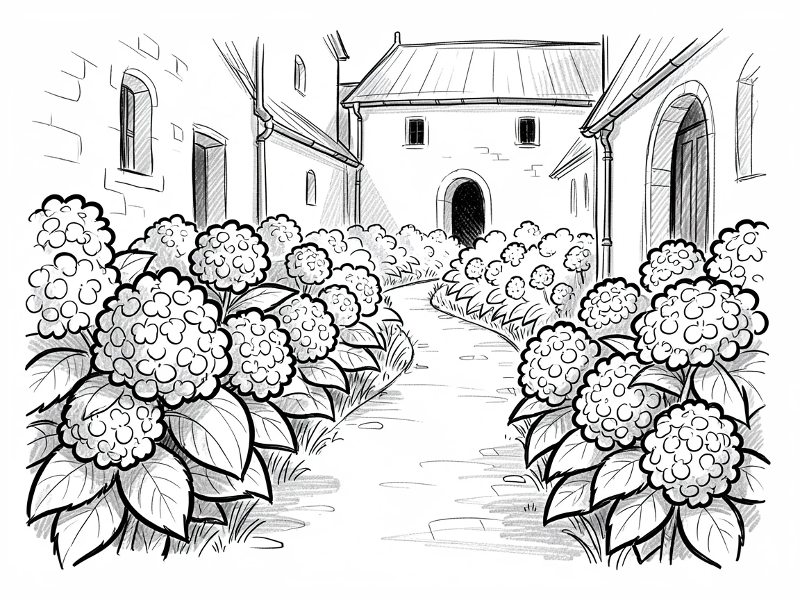 A path lined with hydrangea bushes in a quiet monastery courtyard.