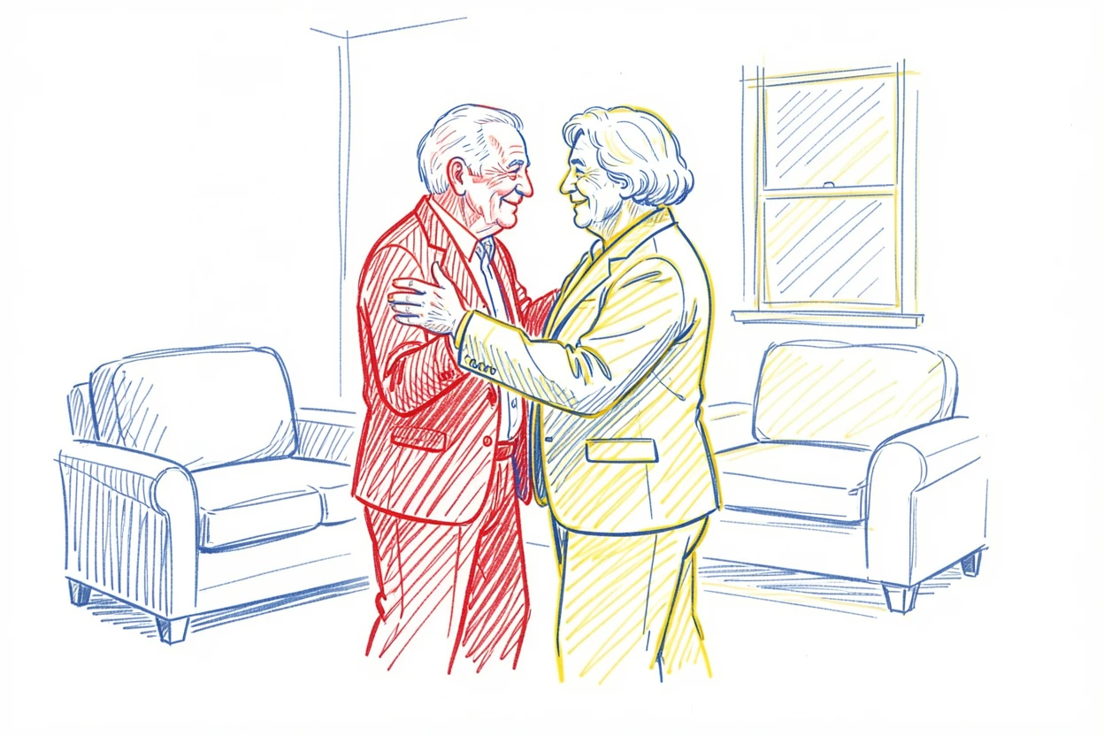 An elderly couple dancing slowly together in their living room to an old song