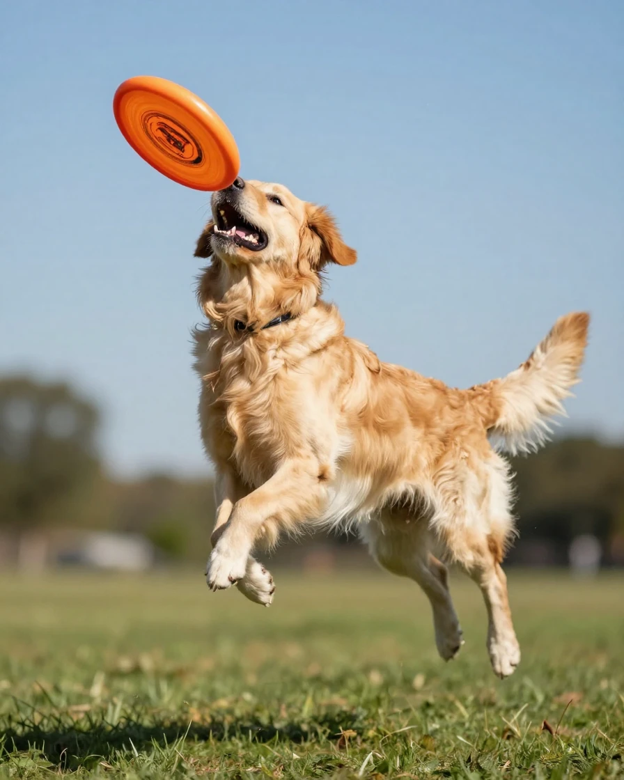 A dog joyfully catching a frisbee mid-air