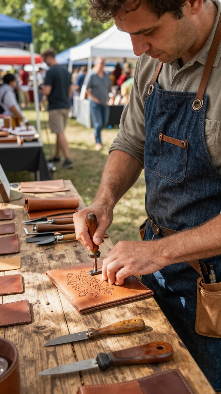 A leatherworker embosses a floral pattern into a fresh wallet at a craft fair.
