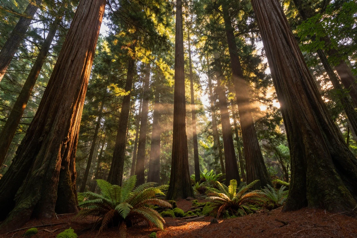 A dense forest of ancient redwoods in the golden light before sunset