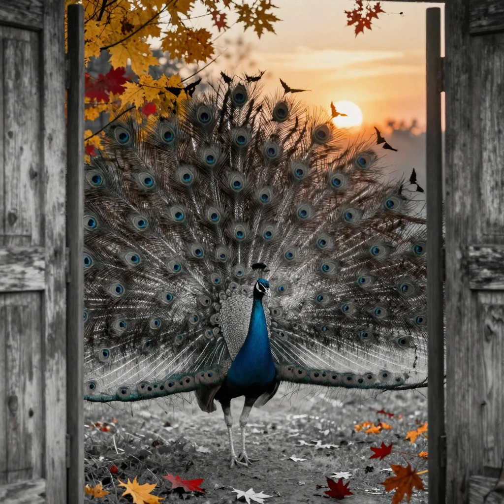 A peacock displaying its full iridescent tail feathers, under a glowing sunset sky, as mist rises off the ground, as autumn leaves turn gold and red, with stark black-and-white contrast softened by a single warm hue, framed through an open doorway.