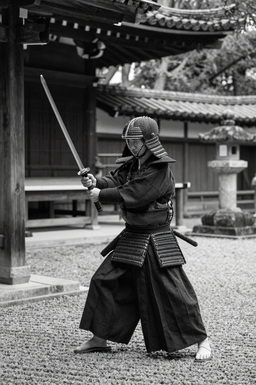 A samurai reenactor practices a centuries-old sword technique inside an ancestral temple courtyard.