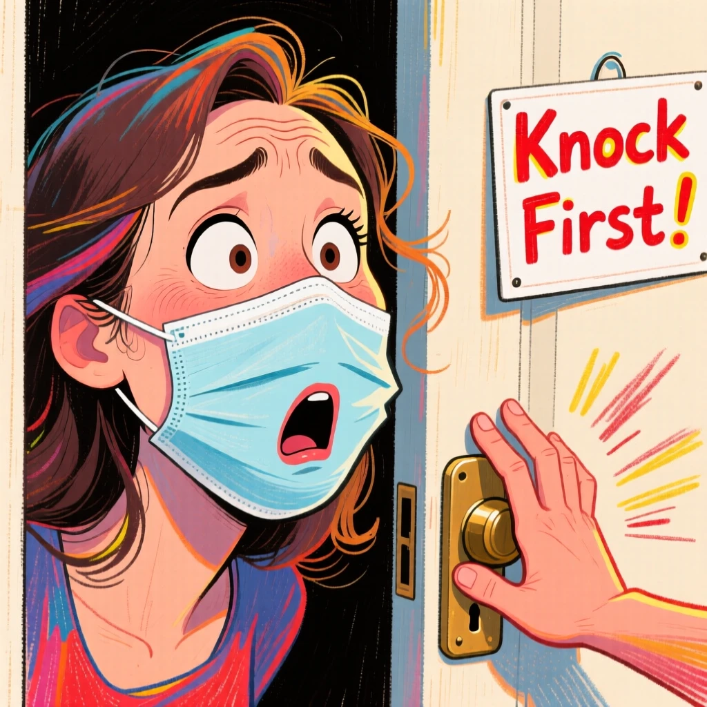 A woman caught with a face mask on, startled by an unexpected knock at the door.