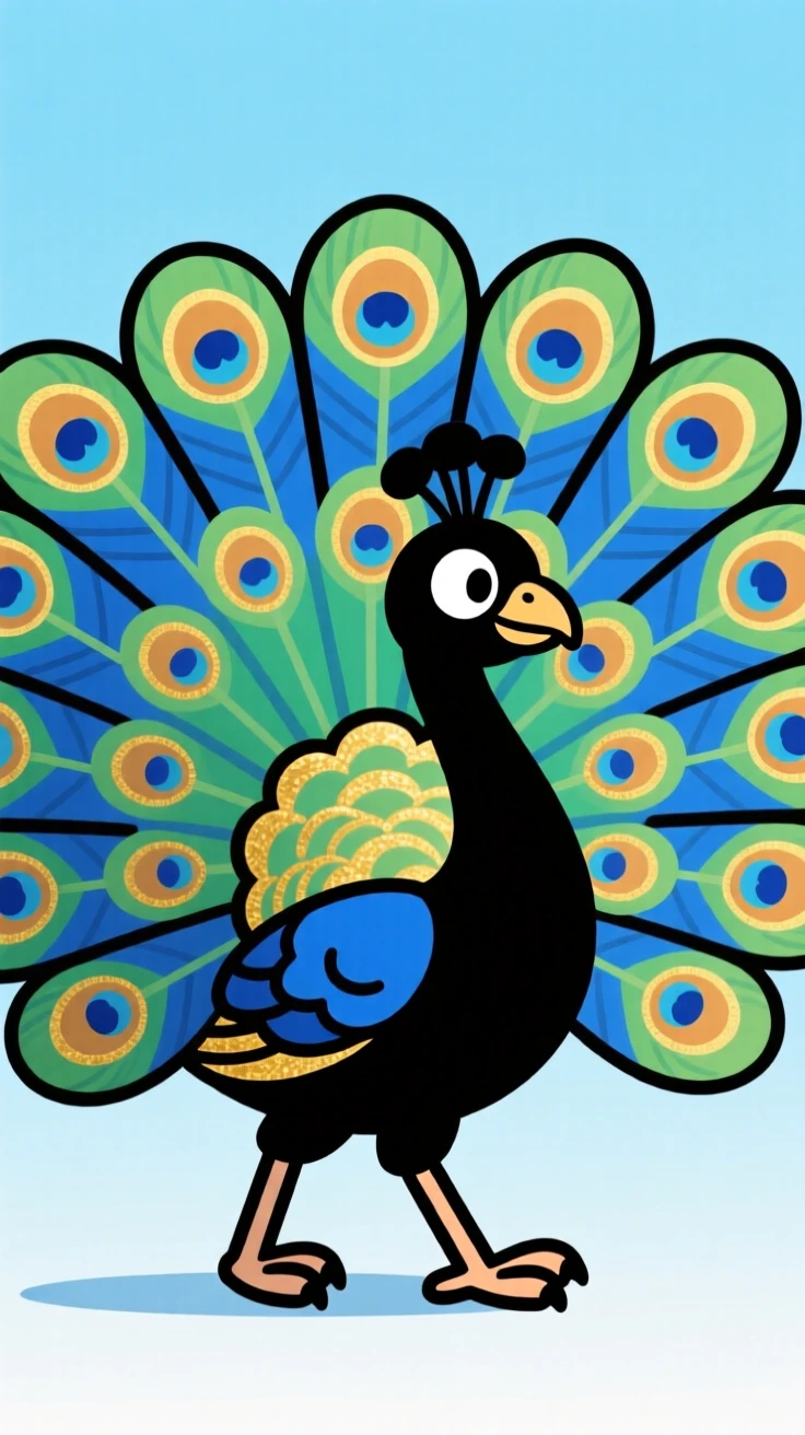 A charming animal moment featuring a majestic peacock strutting confidently, tail feathers fanned into a dazzling display.