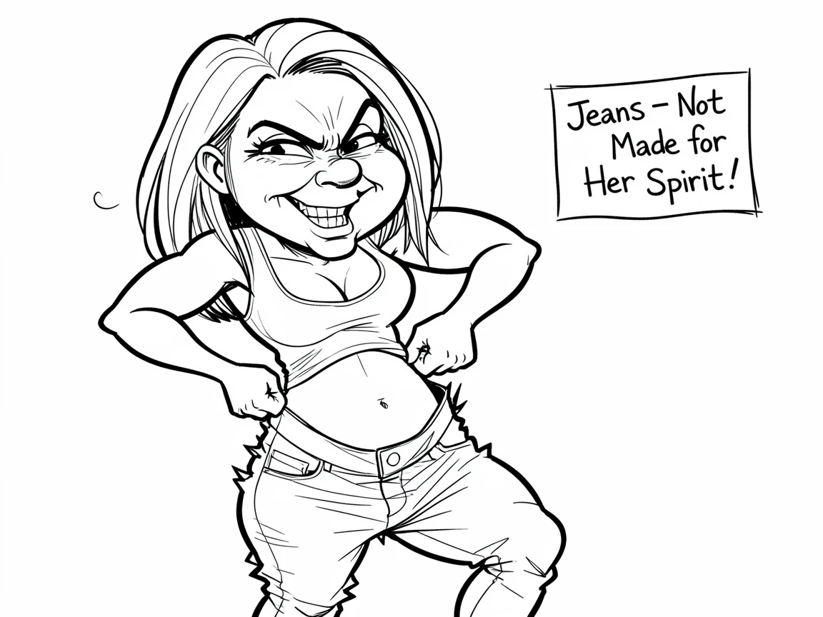[Funny & Exaggerated Situations] Comical scene of a woman trying to squeeze into jeans two sizes too small, exaggerated for maximum laughs