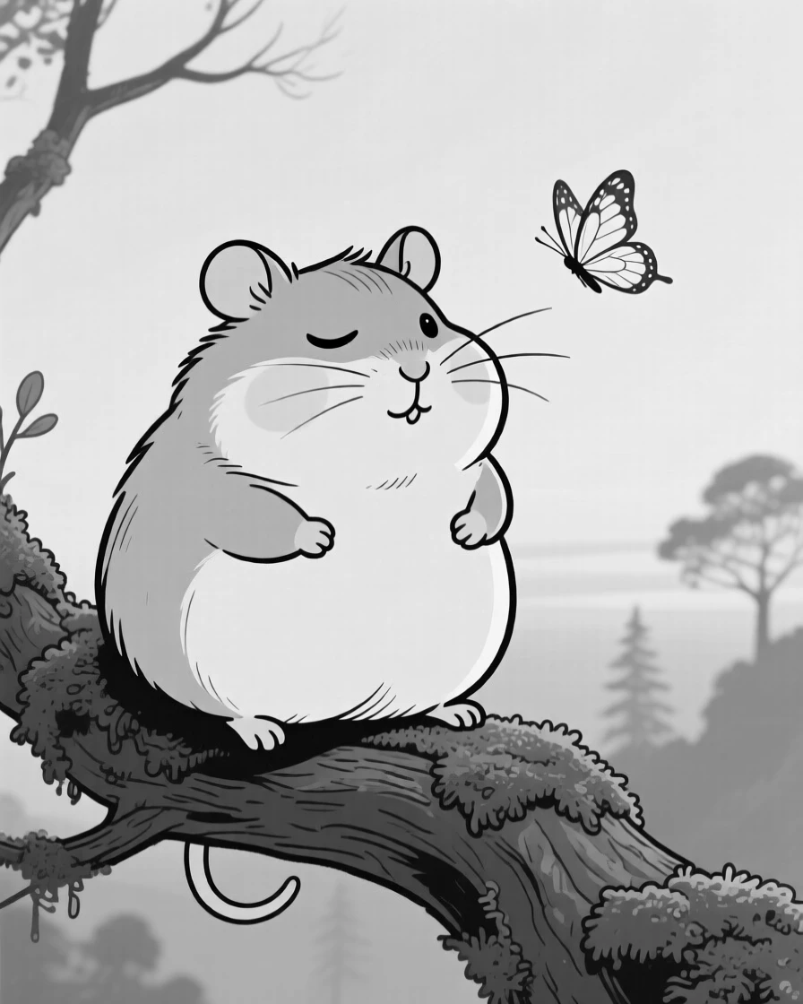 A fat hamster stuffing its cheeks impossibly full, blinking slowly in mock wisdom, set on a mossy tree branch at dusk. A butterfly drifts obliviously past. The scene captures unconditional, goofy love.