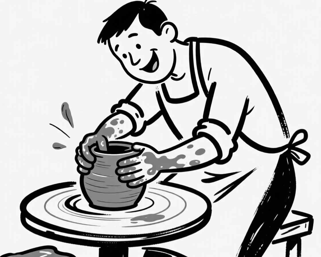 A potter shaping clay on a spinning wheel, hands covered in wet clay.