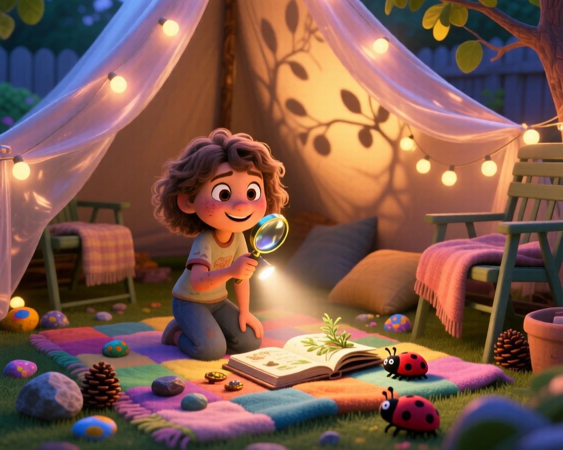 A girl exploring a backyard with a magnifying glass takes place inside a blanket fort glowing with a flashlight, with a flashlight casting playful shadows. A lighthearted sense of discovery colors the moment.