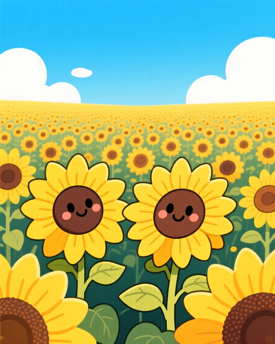 A field of sunflowers stretching to the horizon under a blue sky.