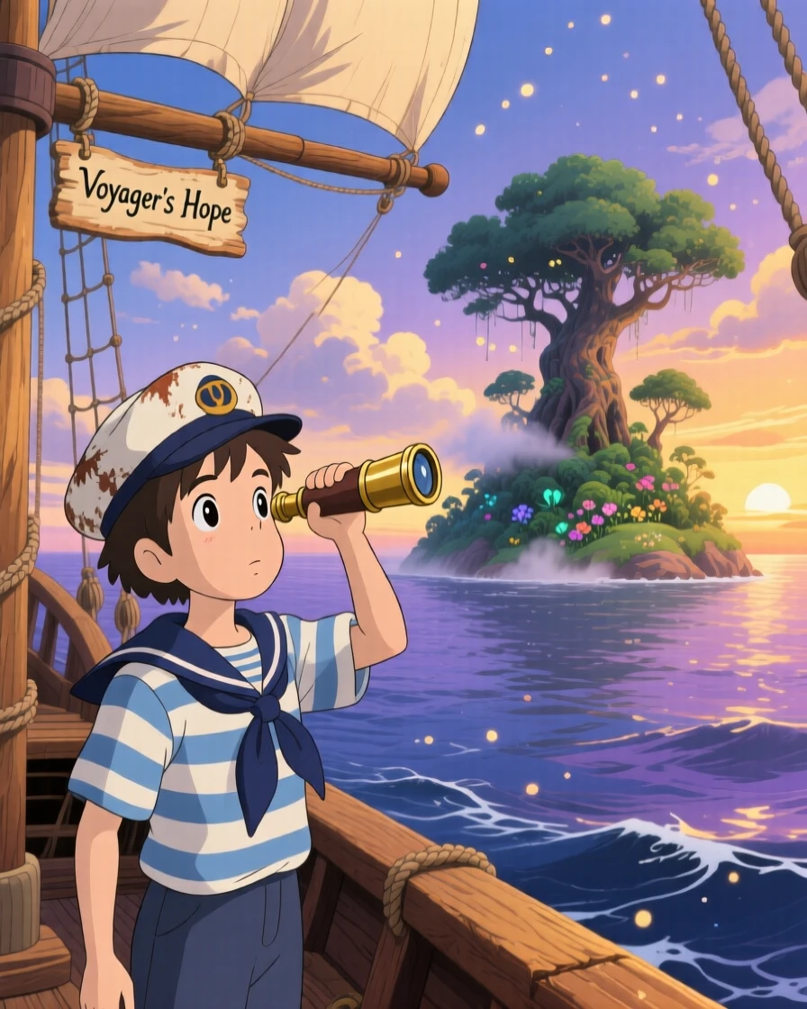 A sailor spotting a distant uncharted island through a spyglass, the moment charged with curiosity.