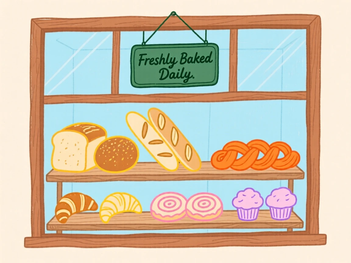 A small bakery window displaying fresh bread and pastries.