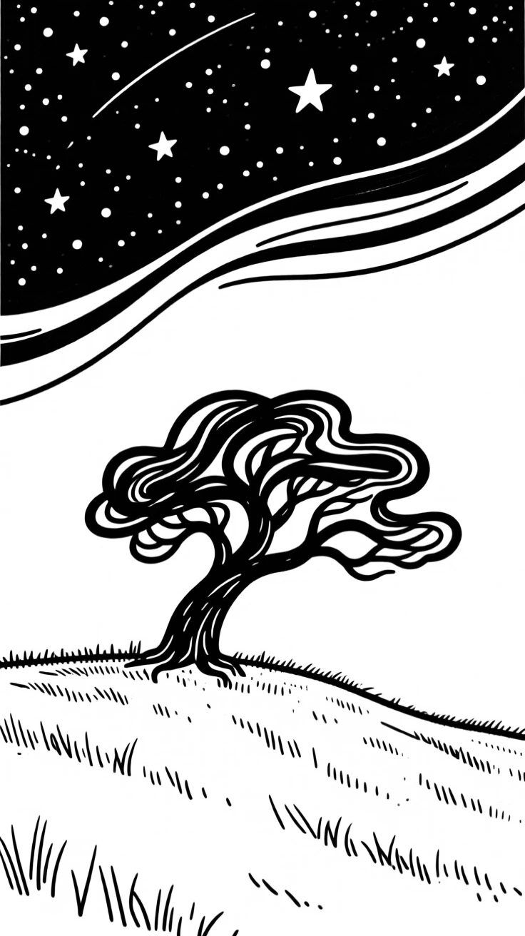 A vast starry sky over a lone tree standing on a grassy hill.